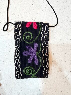 Embroidered Black Crossbody Phone Pouch with Purple & Pink Floral Design